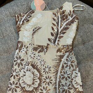 Gold & White one shoulder beaded mini dress